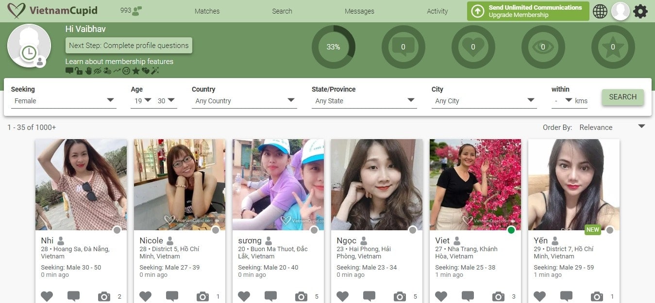 VietnamCupid.com - Dating site dashboard
